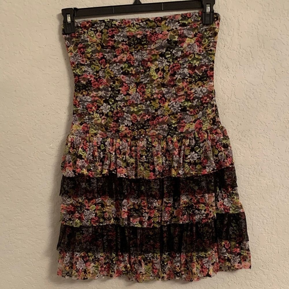 As U Wish Strapless Floral Tiered Ruffle Mini Dress Size L